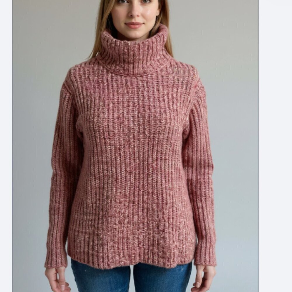 Point Sur Cable Knit Turtleneck Sweater Small Pink White Pullover Cotton